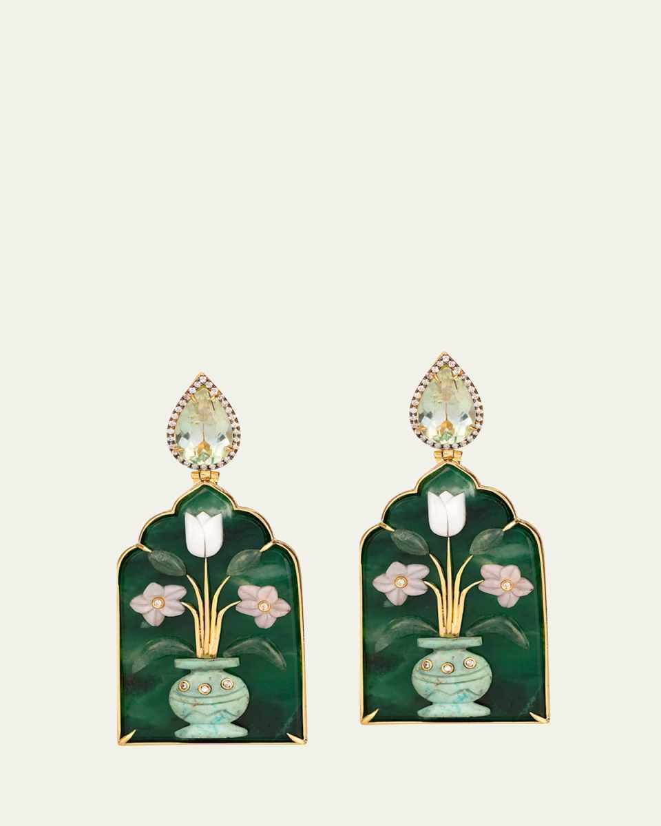 18K Yellow Gold Window Shape Malachite Earrings with Mother Of Pearl, Pink Opal, Chrysocolla, Diamonds and Prasiolite